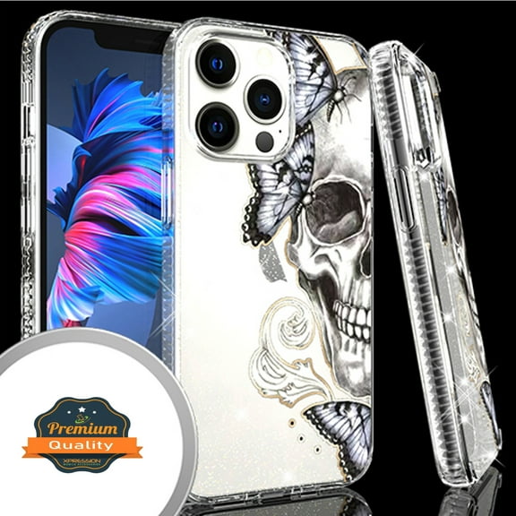 Xpression Case for Apple iPhone 13 (6.1") Clear Fashion IMD Pattern Design Hard Back PC Hybrid Armor TPU Soft Rubber Silicone Ultra Slim Phone Cover [Skull]