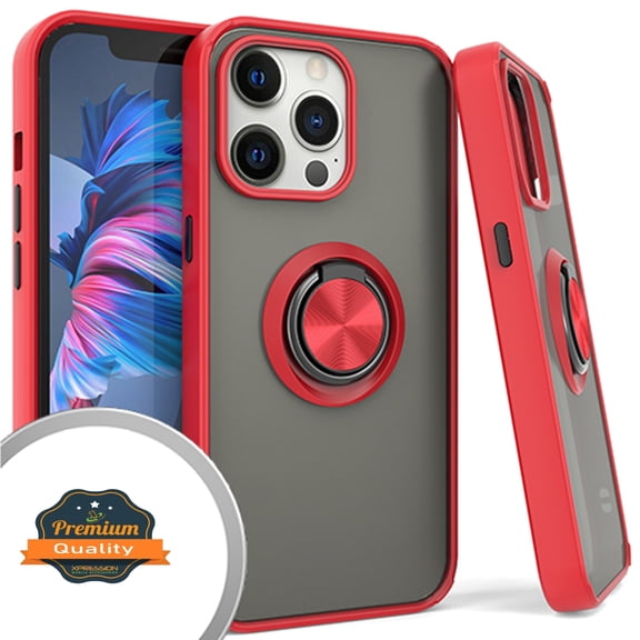 Xpression Case for Apple iPhone 13 (6.1") Finger Ring Stand Holder Kickstand Hybrid Frosted Matte TPU Hard PC Frame Shock-Absorption Slim Phone Cover [Red]