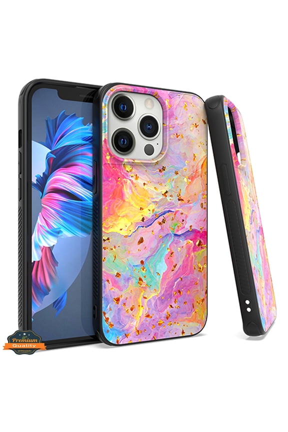 Case for Apple iPhone 13 (6.1") Marble Fashion Stone Stylish Flake Glitter Bling Hybrid TPU Rubber Hard PC Protection Phone Cover [Marble Rainbow]