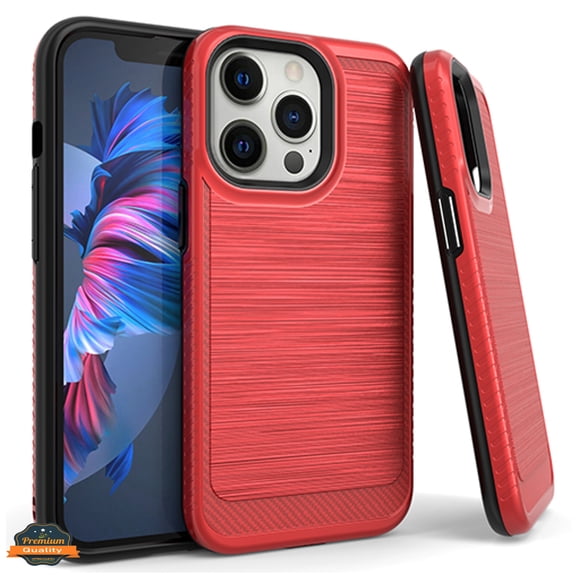 Xpression Case for Apple iPhone 13 Pro (6.1") Armor Brushed Texture Rugged Carbon Fiber Design Shockproof Dual Layers Hard PC + TPU Protective Phone Cover [Red]