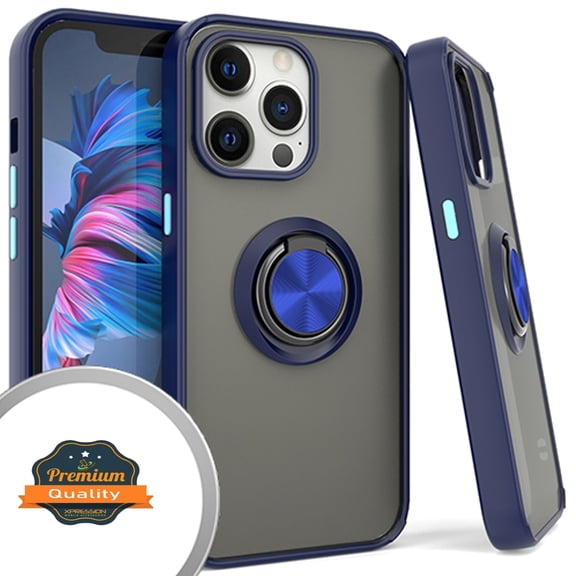 Xpression Case for Apple iPhone 13 Pro (6.1") Finger Ring Stand Holder Kickstand Hybrid Frosted Matte TPU Hard PC Frame Shock-Absorption Phone Cover [Blue]