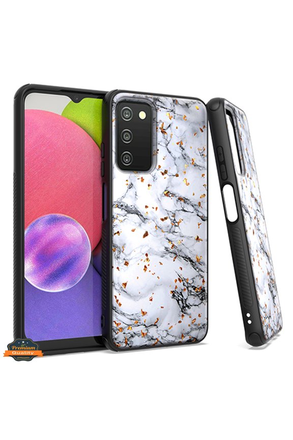 Case for Samsung Galaxy A03S Marble Fashion Stone Stylish Flake Glitter Bling Hybrid Slim Glossy TPU Rubber Hard Protection Phone Cover [Marble White]