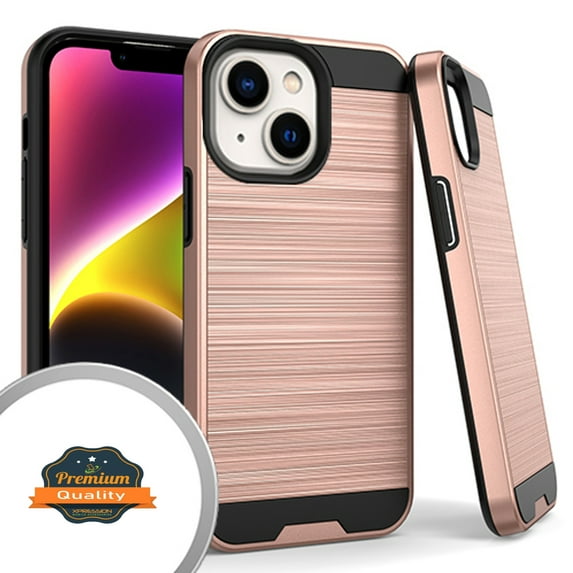 Xpression Cover for Apple iPhone 14 Pro (6.1") Hybrid Brushed Metal Texture Rugged Slim Shockproof Dual Layers 2-Piece Hard PC + Soft TPU Phone Case - Rose Gold