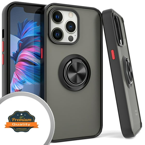 Xpression Cover for Apple iPhone 14 Pro Max (6.7") Finger Ring Stand Holder Kickstand Hybrid Frosted Matte Hard Frame Shock-Absorption Phone Case - Black