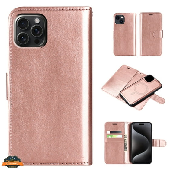 Xpression Cover for Apple iPhone 15 (6.1") PU Leather Pouch Flip with Detachable Wallet Credit Card Slots Pocket, Stand & MagSafe Compatible Phone Case - Rose Gold
