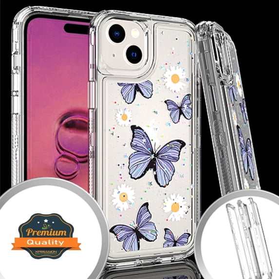 Xpression Cover for Apple iPhone 15 Pro (6.1") Heavy Duty Design Fashion Image Clear 3 in 1 Hybrid Shockproof Full Edge Hard PC Front Frame Bumper Phone Case - Butterfly Blue