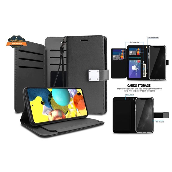 Xpression Cover for Apple iPhone 15 Pro (6.1") Wallet Folio Flip PU Leather Case with 6 Credit Card Slots & Wrist Strap, Stand TPU Pouch Protective Phone Case - Black