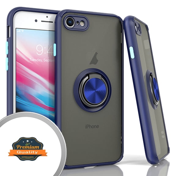 Xpression Cover for Apple iPhone SE 3 (2022) SE/8/7 Finger Ring Stand Holder Kickstand Hybrid Frosted Matte TPU Hard PC Frame Shockproof Phone Case - Blue