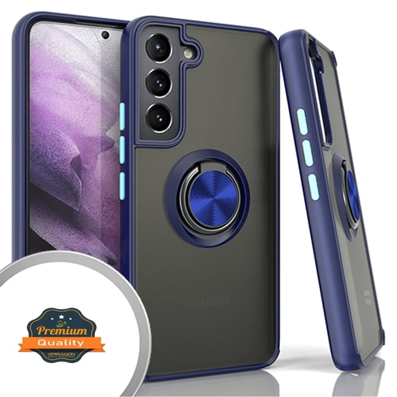 Xpression Cover for Samsung Galaxy S23+ Plus Finger Ring Stand Holder Kickstand Hybrid Frosted Matte TPU Hard Frame Shock-Absorption Phone Case - Blue