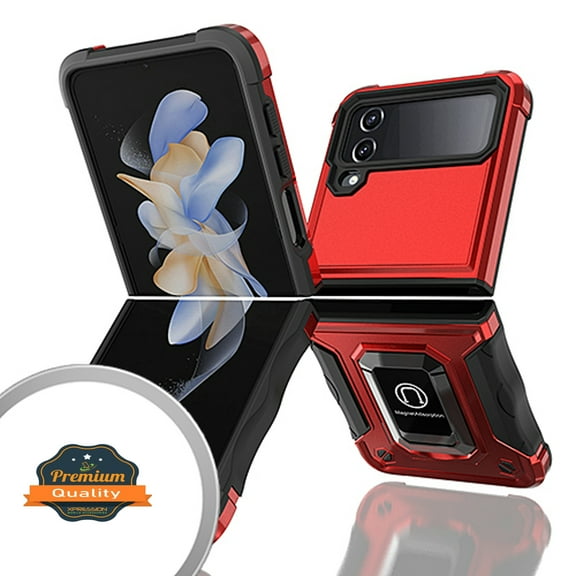 Xpression Cover for Samsung Galaxy Z Flip 4 5G Heavy Duty Hybrid with Kickstand Ring Stand, Support Magnetic Car Mount Rugged TPU Shell Phone Case - Red