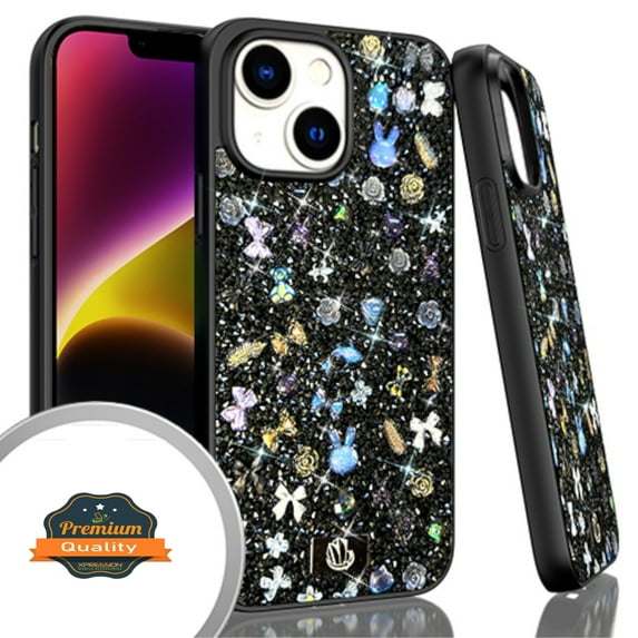 Xpression Cover for Apple iPhone 14 Pro (6.1") Bling Glitter Sparkle Gemstone Rhinestone 3D Diamonds Rugged Hybrid Shell Fashion Phone Case - Black