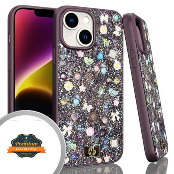 Xpression Cover for Apple iPhone 14 Pro (6.1") Bling Glitter Sparkle Gemstone Rhinestone 3D Diamonds Rugged Hybrid Shell Fashion Phone Case - Purple