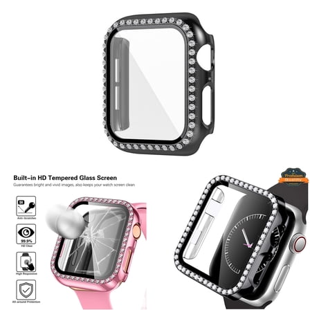 Xpression Phone Case For Apple Watch Size 46mm Luxury Bling Cover Diamond Electroplate Rhinestone Bumper Protective Frame with Tempered Glass Screen Protector Cover, Black