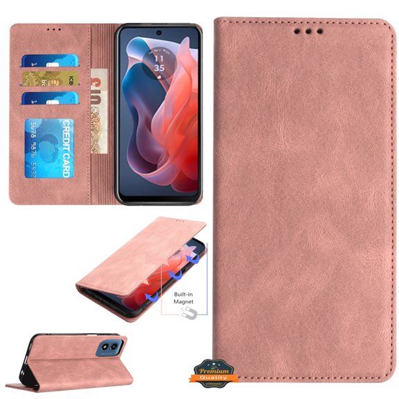 Xpression Phone Case For Samsung Galaxy S25 /S24 Wallet Pouch with Credit Card Holder Flip, Magnetic Closure Vegan Leather and Stand Cover, Rose Gold