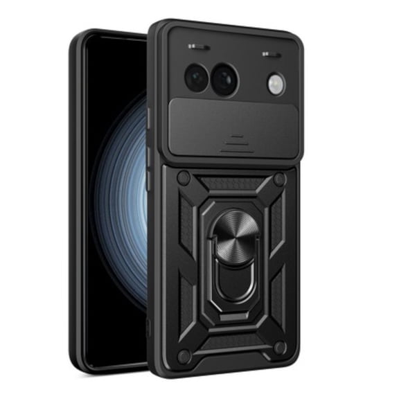 Xpression Phone Case For Google Pixel 10A Hybrid Shockproof, Built-in Sliding Camera Lens Protection with Magnetic Finger Ring Stand Holder Cover, Black