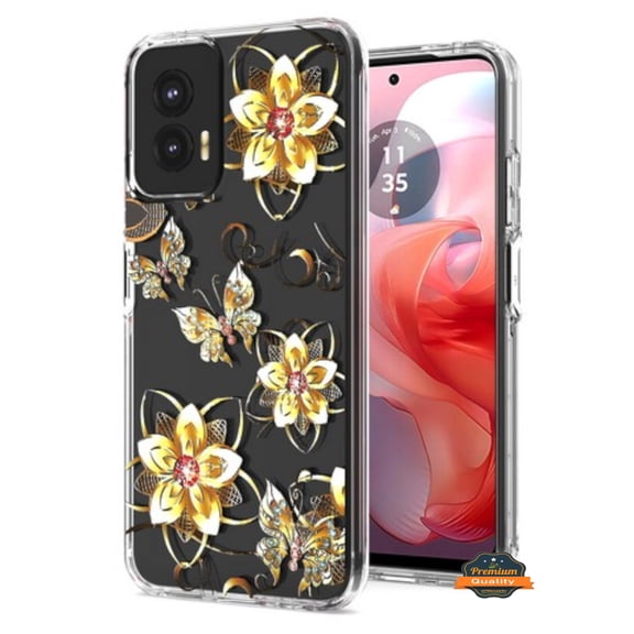 Xpression Phone Case For Motorola Moto G 5G 2026 / Moto G Play 2026 Hybrid Clear Frame with Trendy Pattern Design, Shockproof Hard Back & TPU Rubber Cover, Gold Flowers