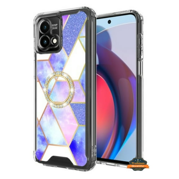 Xpression Phone Case For Motorola Moto G Stylus 5G 2025 Fashion Design Bling Diamond Hybrid Protective Case, Ring Kickstand Hard PC   TPU Cover, Purple Marble Rhombic
