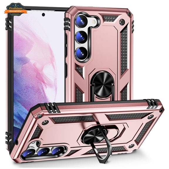 Xpression Phone Case For Samsung Galaxy S25 /S24 Shockproof Hybrid Dual Layer PC + TPU with Metal Ring Kickstand Heavy Duty Armor Shell Cover, Rose Gold