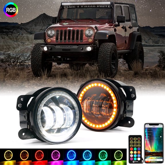 Xprite G2 4" LED RGB Halos Fog Light with Bluetooth and Remote Control for 2007+ Jeep Wrangler JK/JL/JT