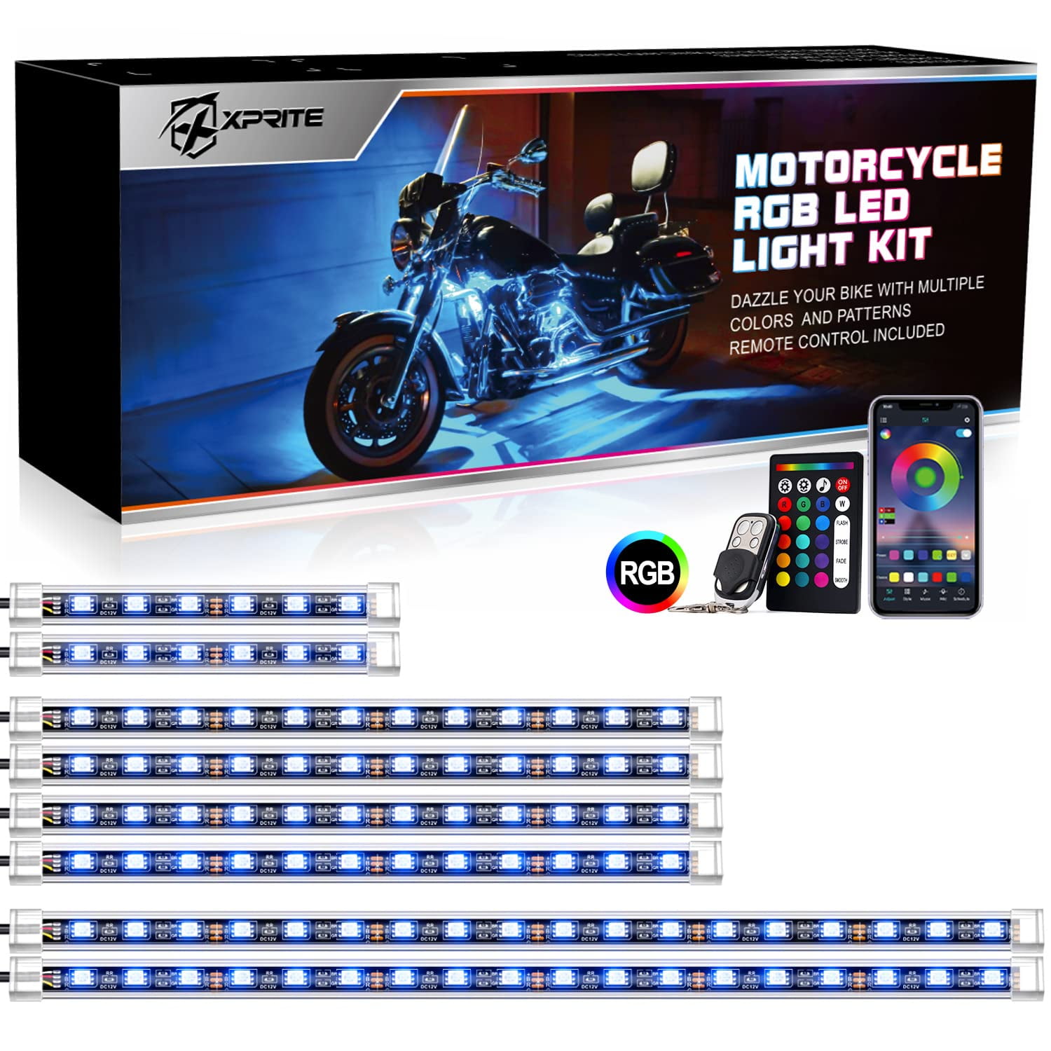 Xprite Motorcycle RGB LED RRF12 Light Kit Waterproof w/Wireless Remote ...