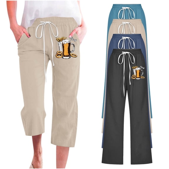 Xqddyup Womens Linen Capri Pants Loose Fit Elastic Waist Cropped Pant Casual Printed Drawstring Capris Summer Vacation Trousers