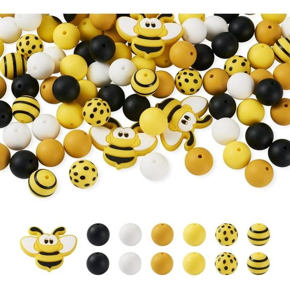 Yoqb Beadthoven 100pcs Bee Silicone Beads 15mm Yellow Round Ball Silicone Beads Keychain Bracelet Beads Dots Print Rubber Beads Loose Assorted Beads for Jewelry Making Lanyard Pens DIY A110