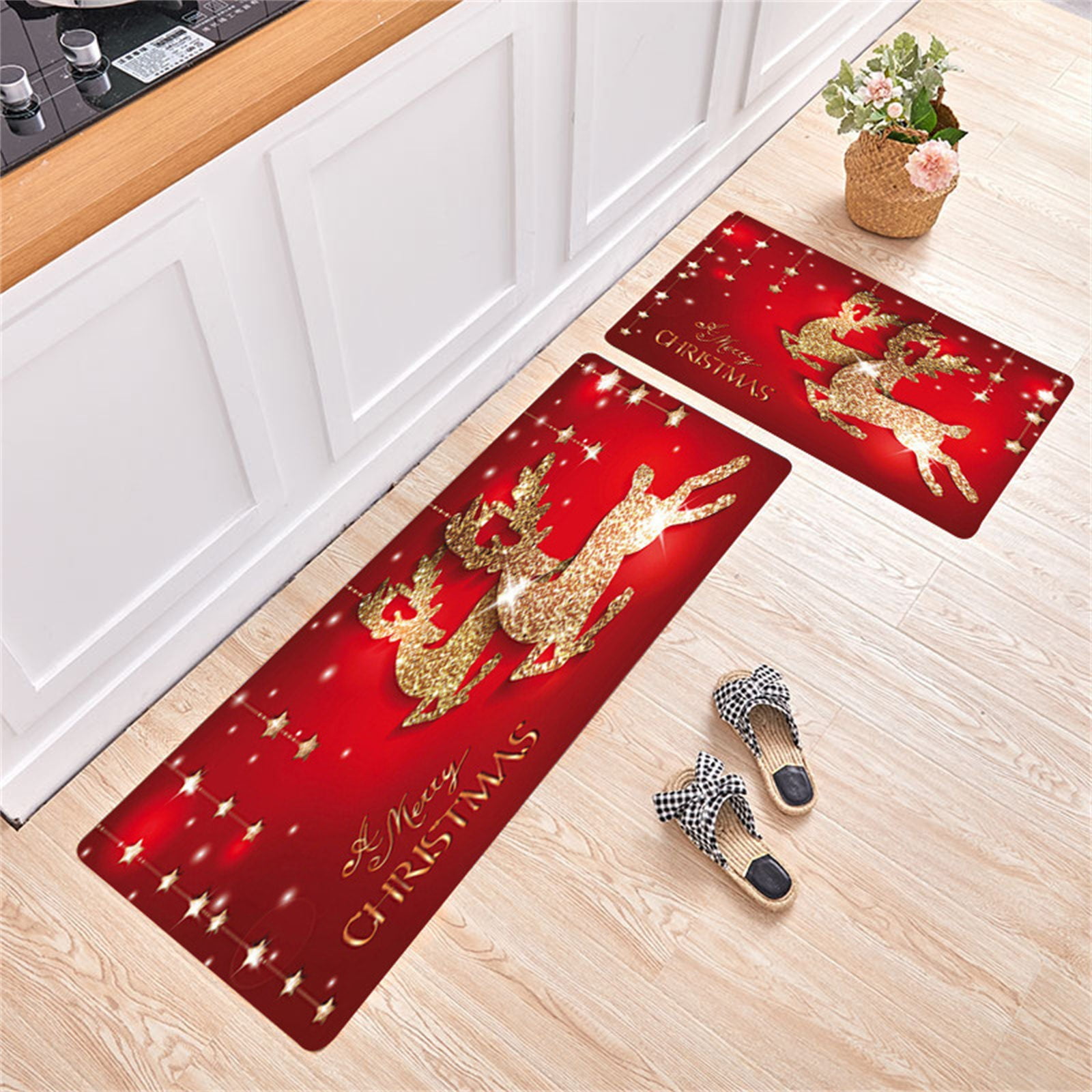 Xqspk Christmas Decorations 2 Piece Non Slip Kitchen Mat Runner Rug Set