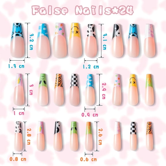 MALLMALL6 Mix Match Press on Nails Long Coffin Fake Nails Y2k Funky Retro,24Pcs