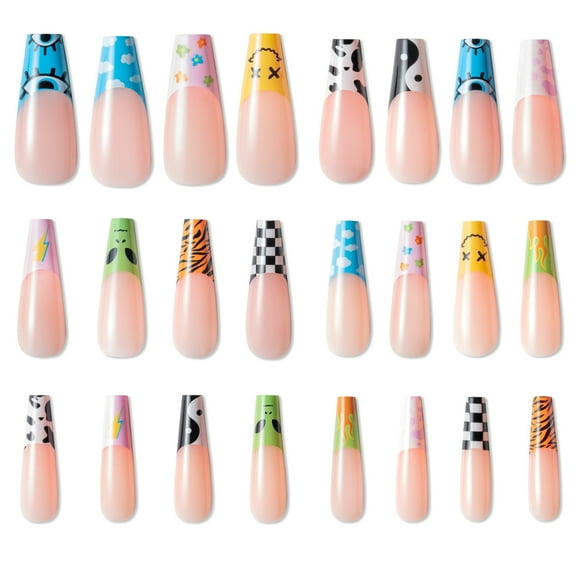 Mix Match Press on Nails Long Coffin Fake Nails Y2k Funky Retro,24Pcs