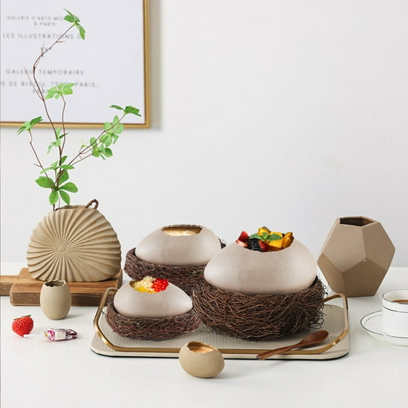 Xqxayjr under $5 3Pcs Ceramic Dessert Bowl, Creative Bird Nest Ceramic Dessert Bowl, Ostrich Egg Shape Serving Bowl, Unique Tableware for Restaurant Home, Decorative Nest Bowl with Wood Stand