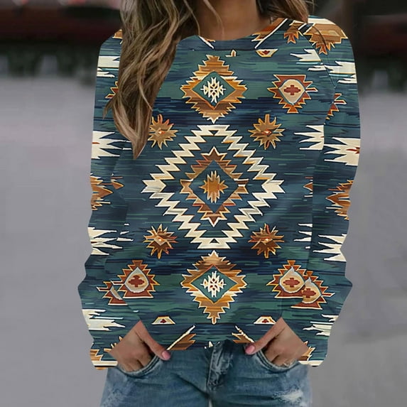 Xqxayjr Women's Western Aztec Print Fall Tops Casual Loose Long Sleeve Tunic Tops Shirts Fashion Lightweight Crewneck Sweaters Tops Outfits