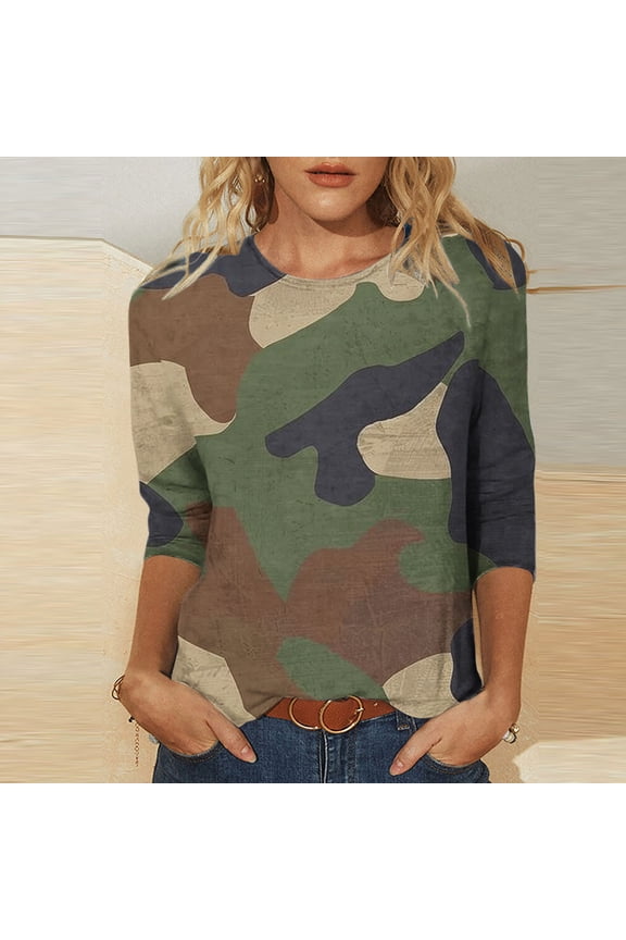 Women's Camo Printed Fall Tops Casual Graphic 3/4 Sleeve Shirts Sweatshirts Fashion Plus Size Round Neck Tunic Tops Clothing