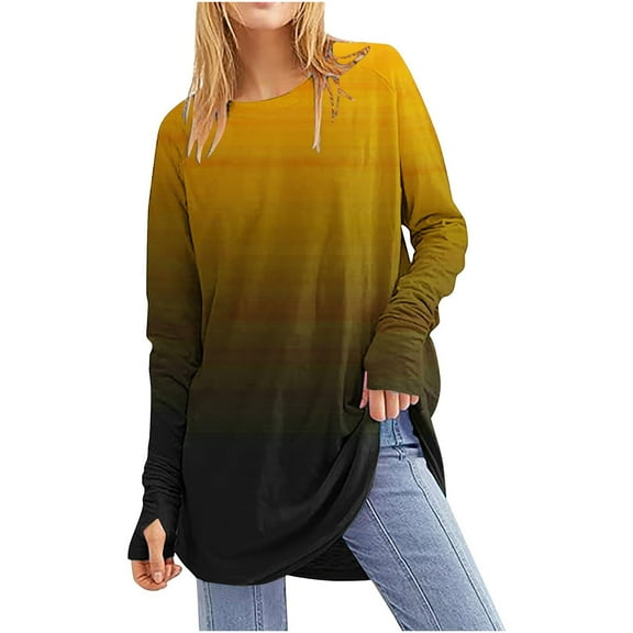 Xqxayjr Womens Sweatshirts With Thumb Holes Casual Loose Long Sleeve Gradient Ombre Pullover Tops Shirts Trendy Loose Fit Crewneck Sweaters Tops Sweaters