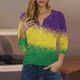 thumbnail image 1 of Xqxayjr Ladies Loose Fitting 3/4 Sleeve Mardi Gras T-Shirts Summer Tops Button V Neck Sequin Bling Glitter Carnival Costumes Tshirts Shirts Trendy Summer Green Tshirts Outfits, 1 of 5