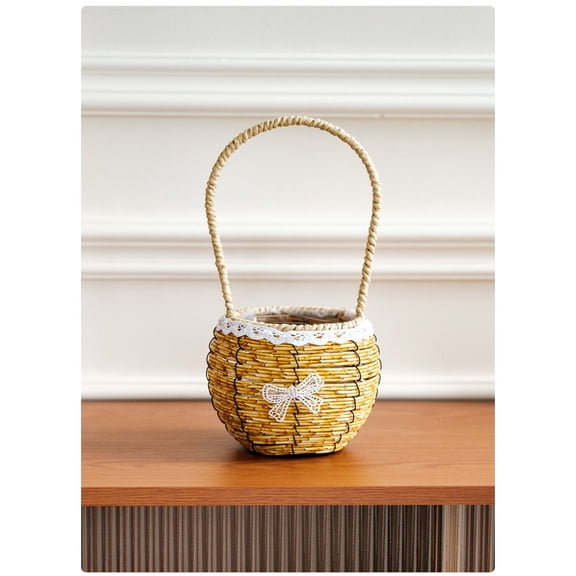 Xqxayjr Rattan Hanging Basket Planter, Boho Woven Flower Pot With Lace Trim And Handle, Decorative Indoor Outdoor Plant Basket For Wall Garden Patio Home Decor