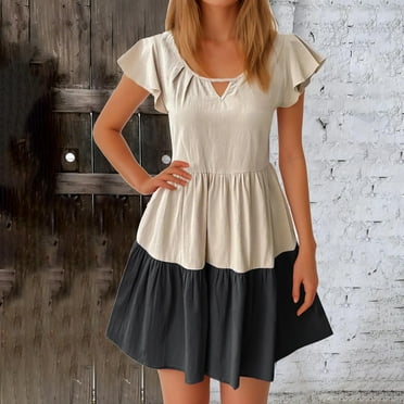 Xqxayjr Summer Plus Size Short Mini Flowy Sun Dress for Womens Ruffle Cap Sleeve A-Line Tiered Swing Wedding Guest Dress Color Block Crewneck Elegant Black Vestidos de Verano para Mujer