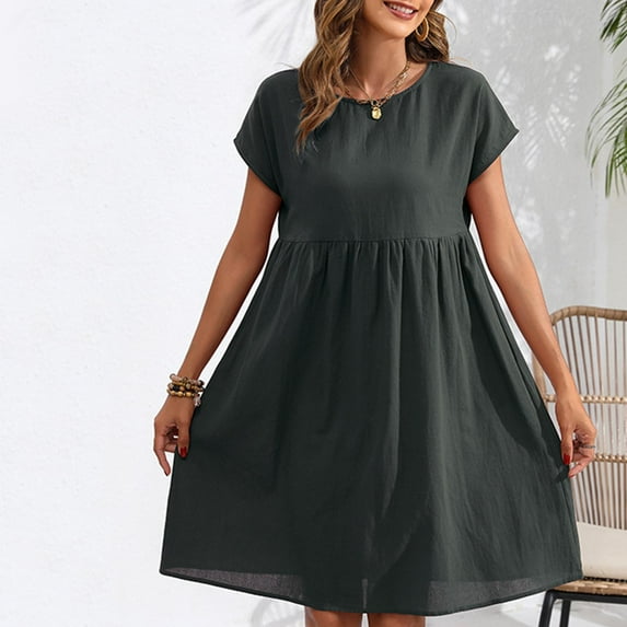 Xqxayjr Summer Spring Linen Cotton Tshirt Knee Length Midi Flowy Dress for Womens Homecoming Dresses Casual Loose Short Sleeve Crewneck Going Out White Vestidos de Verano para Mujer