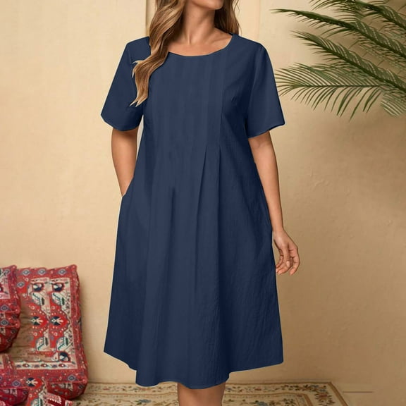 Xqxayjr Wedding Guest Dress for Women Summer Casual Loose Round Neck Pleated Short Sleeve Cotton Linen Flowy Swing Aline Knee Length Midi Dress Hide Belly Vestidos de Verano para Mujer