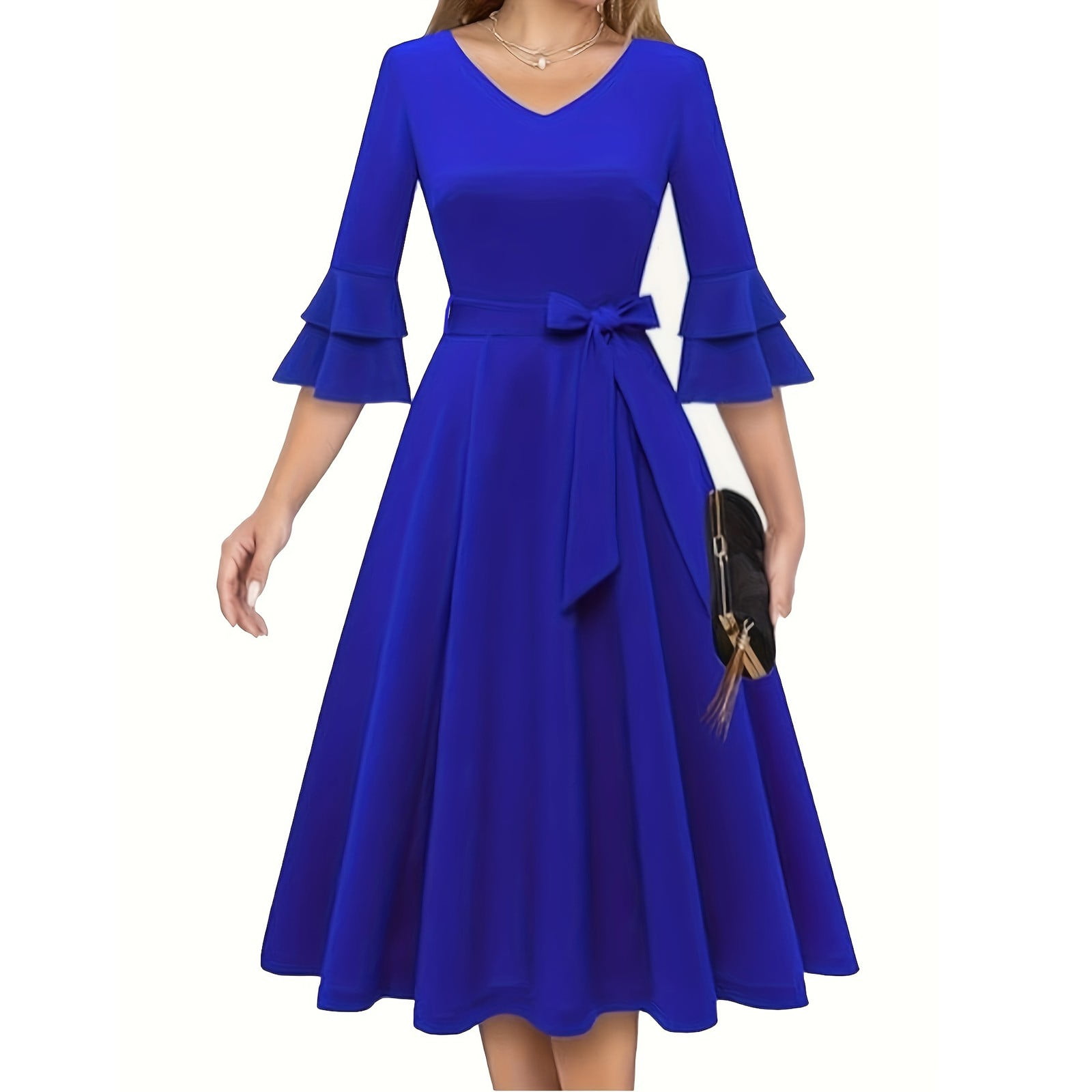 Retro 3\/4 Sleeve Print Midi Dress