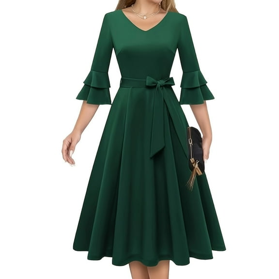 Xqxayjr Women 1950s Vintage Ruffle 3/4 Sleeve Retro Swing A Line Midi Summer Dress Cocktail Party Evening Prom Gown Tea Party Dresses