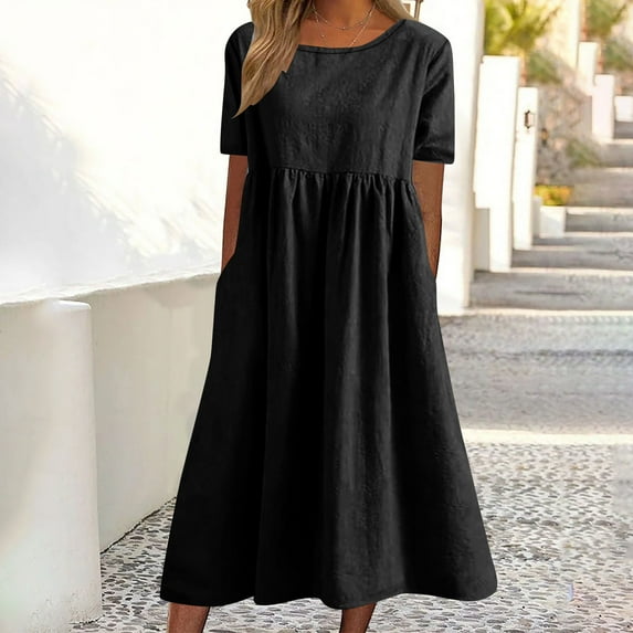 Xqxayjr Women Casual Flowy Swing Pockets Cotton Linen Long Dress Under $10 Summer Spring Short Sleeve Party Dresses Scoop Neck Maxi Boho White Vestidos Casuales Para Mujer