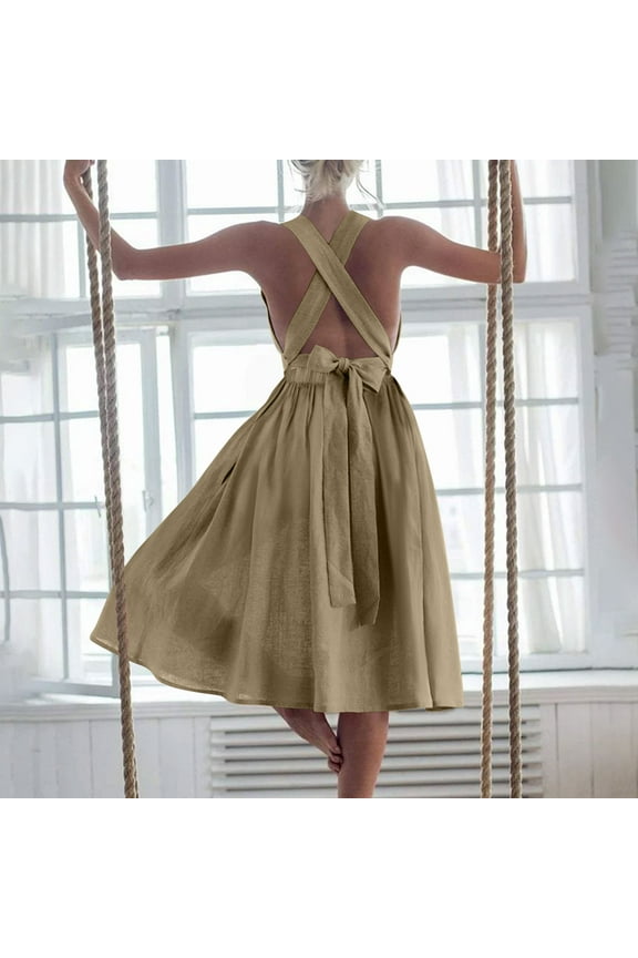 Women's Casual 2025 Cotton Linen Sleeveless Wedding Guest Dresses Summer Open Back Square Neck Aline Flowy Swing Maxi Long Criss Cross Sundress Boho White Bridal Shower Dresses