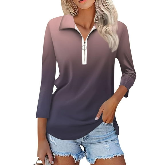 Xqxayjr Women's Quarter Zip Sweatshirt Tops Casual Graphic 3/4 Sleeve Ombre Gradient Collared Fall Sweaters Tops Comfy Round Neck Shirts Plus Size Outfits