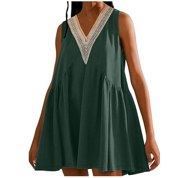 Xqxayjr Women's Summer Spring Sleeveless Graduation Dresses Under $5 Plus Size Pleated Swing Flowy Short Mini Tshirt Dress Eyelet Lace V-Neck Boho White Funaral Dresses