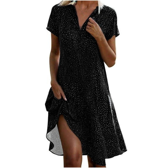 Xqxayjr Womens Dresses Under $5 - Women's Summer Short Sleeve V Neck Midi Dress Fashion Casual Fit Flowy Polka Boho Beach Vacation Sundress
