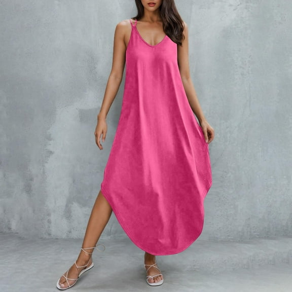 Xqxayjr Womens Homecoming Dresses Summer Plus Size Sexy V Neck Sleeveless Spaghetti Strap Flowy Swing Aline Maxi Long Sun Dresses Hide Belly Vestidos Casuales Para Mujer