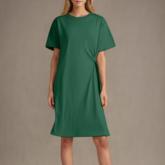 Xqxayjr Womens Summer Casual Loose Knee Length Tshirt Dress Short Sleeve Side Twist A-Line Flowy Tunic Curvy Dresses Crewneck Midi Bohemian Black Vestidos de Verano para Mujer
