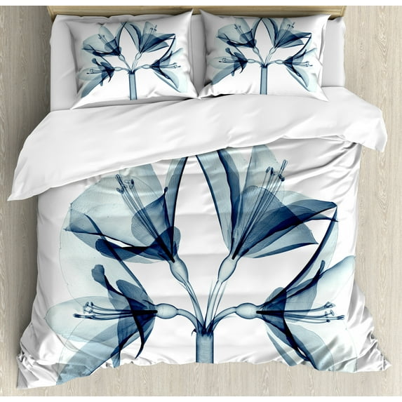 Xray Flowers Duvet Cover Set Queen Size, Beautiful Blossoming Amaryllis Flower Radiogram Print, Decorative 3 Piece Bedding Set with 2 Pillow Shams, Dark Night Blue Pale Slate Blue, by Ambesonne