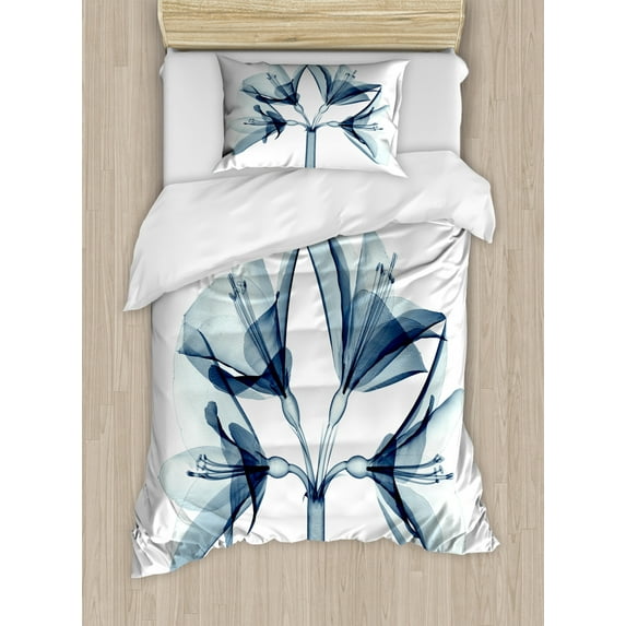 Xray Flowers Duvet Cover Set Twin Size, Beautiful Blossoming Amaryllis Flower Radiogram Print, Decorative 2 Piece Bedding Set with 1 Pillow Sham, Dark Night Blue Pale Slate Blue, by Ambesonne