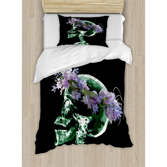 Xray Flowers Duvet Cover Set Twin Size, Human Skull and Skeleton with Purple Tones Floral Wreath Science Psychology, Decorative 2 Piece Bedding Set with 1 Pillow Sham, Multicolor, by Ambesonne